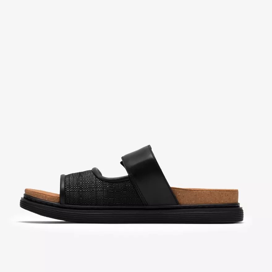 Womens Arwell Step Black Leather Flat Sandals Womens Arwell Step Black Leather Flat Sandals